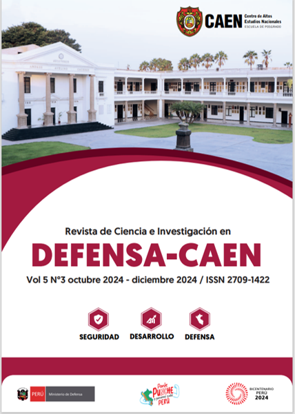Portada del Volumen 5 número 3 de la Revista de Ciencia e Investigación en Defensa que muestra una foto en  que se observa las instalaciones del CAEN junto al auditorio Mariscal Andrés Avelino Cáceres Dorregaray